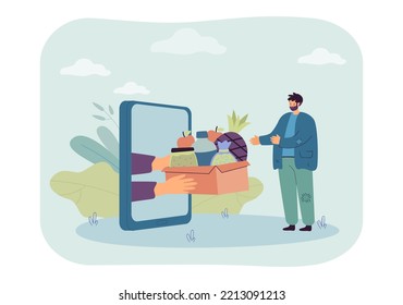 Volunteers hands from phone screen giving help to tiny poor man. Altruistic person holding food box flat vector illustration. Donation, charity concept for banner, website design or landing web page