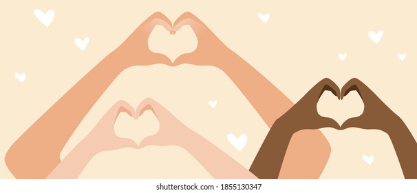 Voluntarios con las manos aisladas. Ilustración de material vectorial plano. Voluntarios multiculturales, diferentes grupos étnicos de personas. Concepto de trabajo voluntario. Ilustración de las manos del corazón como pancarta