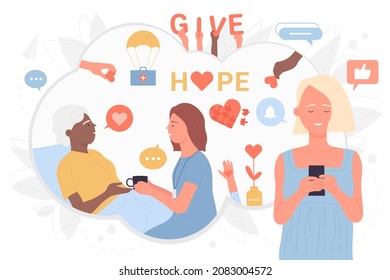 Volunteers Help And Care Old People Vector Illustration. Cartoon Girl Holding Phone To Donate Humanitarian Aid, Nurse And Weak Senior Patient Smiling. Online Charity, Voluntary Service Concept