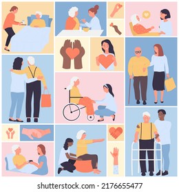 Volunteers help elder people set vector illustration. Cartoon young nurses hug senior patients, support and assistance for smiling old person in square collage background. Voluntary, charity concept