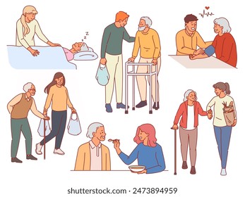 Volunteers help elderly people. Guys and girls take care of pensioners, deliver purchases, escorted home, measure pressure, feed, senior humans walking, cartoon flat isolated vector set