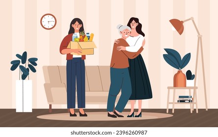 Volunteers help elderly woman. Young girls with box of products for grandmothers. Care and support for old people. Activists with pensioner indoor. Cartoon flat vector illustration