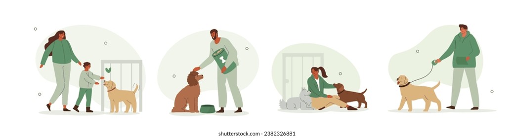 Volunteers help, feed, take care of stray dogs in shelter. People adopting homeless animals set. Pet adoption, charity, love and ownership concept. Flat vector illustration 