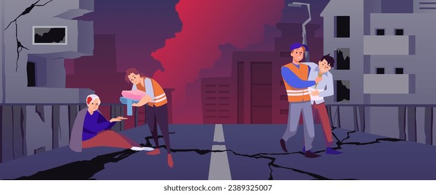 Volunteers help injured people after catastrophe, natural disaster, war or earthquake. Social volunteering flat vector illustration, support for homeless sufferer. Ruined road and building in darkness