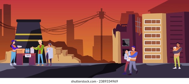 Volunteers help injured people after catastrophe natural disaster, war or earthquake. Support for homeless sufferer with food and care in crisis area flat vector illustration. Destroyed infrastructure