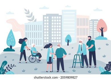 Volunteers help old people with disabilities to walk in park. Girl walks with disabled grandmother. Volunteering, support for elderly. Social worker helps disabled man in walkers. Vector illustration