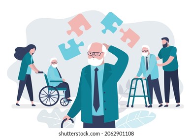 Volunteers help older people. Senile dementia concept. Amnesia, memory loss. Male character with mental disorder. Social workers helps patient with brain disease. Flat Vector illustration