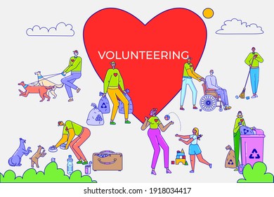 Volunteers help people concept line style, voluntary donation, design cartoon style vector illustration, isolated on white. Support for elderly, social assistance, charity community, men volunteers.