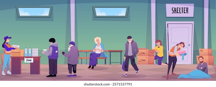 Volunteers help refugees, serving food, distribute clothes in shelter for homeless people. Temporary residence, immigrant camp flat vector illustration. Emergency humanitarian support concept