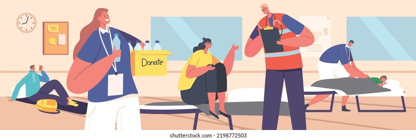 Volunteers Help Refugees in Shelter during War Conflict, Nature Disaster, Catastrophe or Accident, Characters Sit on Cots and Floor Mats Get Food and Water from Helpers. Cartoon Vector Illustration