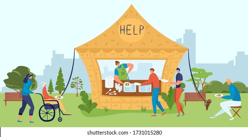 Volunteers help senior and disabled people, food charity, care for homeless, social support project flat vector illustration. Volunteering at charity kitchen, voluntary work for eldery and invalids.