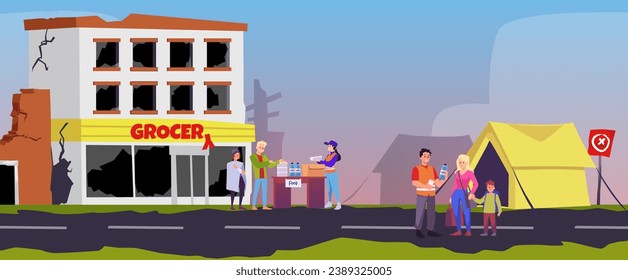 Volunteers help and support injured people after catastrophe, natural disaster, war or earthquake. Humanitarian help flat vector illustration. Ruined road and grocery, crisis shelter tent