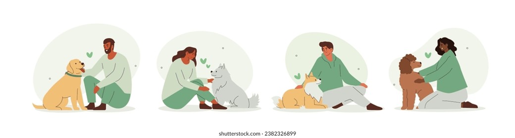 
Los voluntarios ayudan, cuidan de perros abandonados y protegidos. Gente adoptando animales sin hogar. Adopción de mascotas, caridad, concepto de amor. Ilustración vectorial plana 