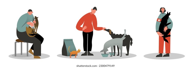 Volunteers helping animals illustrations set. Pets rescue and protection concept. Kind people help homeless animals. Flat style cartoon vector on white background