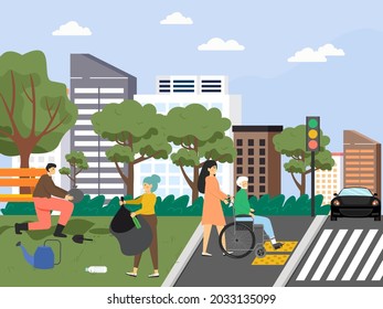 Volunteers helping disabled, collecting garbage, planting trees in the park, flat vector illustration. Eco volunteering.