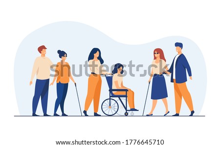 Volunteers helping disabled friends in outdoor walking, leading blind people or wheeling wheelchair. Can be used for disability, diversity, assistance concept