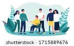 Volunteers helping disabled people. Group of men and women with special needs, on wheelchair, with prosthesis. Vector illustration for support, diversity, disability, lifestyle concept
