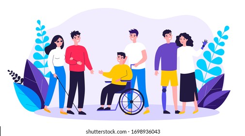 Volunteers helping disabled people. Group of men and women with special needs, on wheelchair, with prosthesis. Vector illustration for support, diversity, disability, lifestyle concept