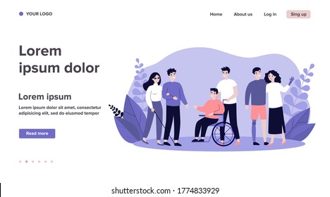 Volunteers helping disabled people. Group of men and women with special needs on wheelchair and with prosthesis. Vector illustration for support, diversity, disability, lifestyle concept