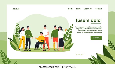 Volunteers helping disabled people. Group of men and women with special needs, on wheelchair, with prosthesis. Vector illustration for support, diversity, disability, lifestyle concept