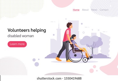 Volunteers Helping Disabled Woman. Volunteer Man Walking In Park With Girl Disabled In Wheelchair. Help Disabled People, Young Social Worker Care About Invalid. International Volunteer Day Vector