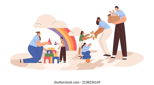 Volunteers helping, donating to kids. People with toy donation boxes, giving gifts to children orphans. Charity, social support in orphanage. Flat vector illustration isolated on white background svg