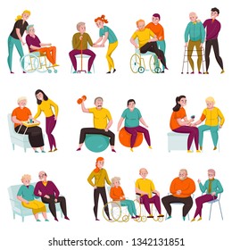 Volunteers helping elderly and disabled people in nursing homes and private apartments flat icons set vector illustration