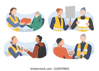 Volunteers Helping Refugees, Serving Food, Giving Blankets, Preparing Hot Meals, People Volunteering, Wearing Safety Vests, Badges, Helping And Supporting Community, Charity Work, Vector Illustration