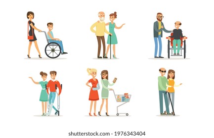 Volunteers Helping and Supporting Disabled People Characters Vector Illustration Set