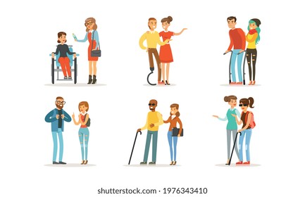 Volunteers Helping and Supporting Disabled People Characters Vector Illustration Set