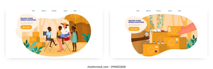 Volunteers helping third world countries. Landing page design, website banner vector templates. Developing countries aid