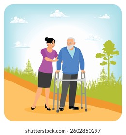 A volunteers helps an elderly man using a walker while enjoying a serene outdoor.  Assistance, aid for elderly. Health service concept. Flat vector illustration 