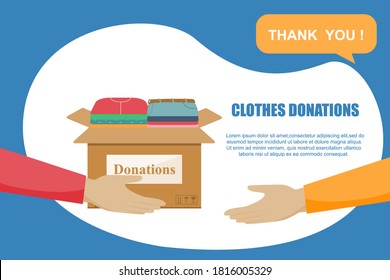 Volunteers are holding a donation box of clothes. Design for a charitable and volunteer organization. Help the poor and refugees. Delivery to the door. Helping people. Contactless delivery. Vector .