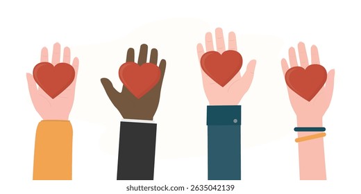 Volunteers holding hearts on palms. Multi Ethnic diverse people hands giving and sharing love, peace. Support and social assistance, multinational society, unity. flat vector illustration