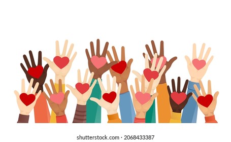 Volunteers holding hearts in palms. Multiethnic diverse people hands give and share love concept. Support and social help isolated vector illustration