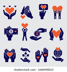Volunteers icon. Hands hearts donation charity natural symbols of goods vector people volunteers