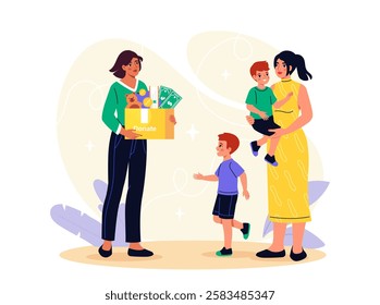 Volunteers with kids. Woman with box with toys near children. Support for poor and needy. Generosity, charity and kindness. Charitable organizations volunteer. Flat vector illustration