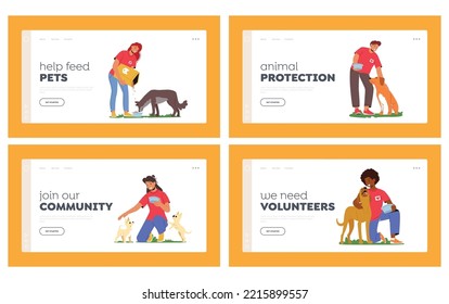 Volunteers Landing Page Template Set. Friendly Characters Feeding Dogs, Work in Animal Shelter or Pound. Men or Women Giving Food to Homeless Puppies, Volunteering Charity. Cartoon Vector Illustration