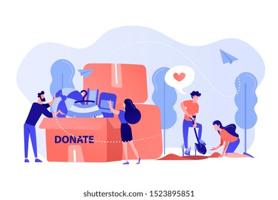 Volunteers like helping, planting seeds and donating clothes and toys into a box. Volunteering, volunteer services, altruistic job activity concept. Pinkish coral bluevector isolated illustration