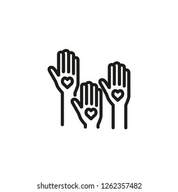 Volunteers line icon. Raising hand, community, voting. Help concept. Can be used for topics like election, crowd, love