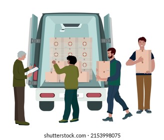 Volunteers load medicines and food into the car. Assistance, delivery of medicines and other goods. Vector illustration.