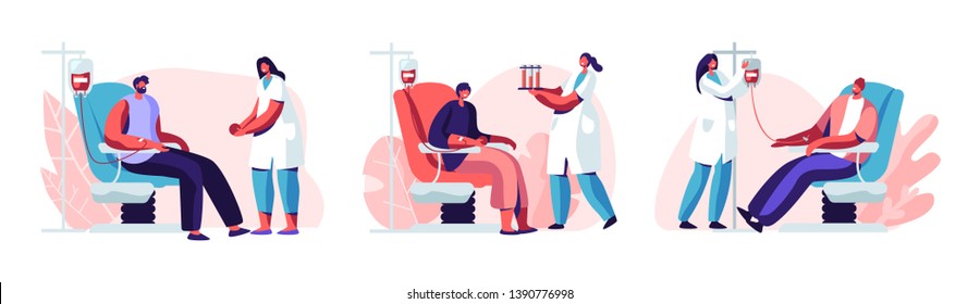 Volunteers Male Characters Sitting in Medical Hospital Chairs Donating Blood. Doctor Woman Nurse Take it in Test Flasks, Donation, World Blood Donor Day, Health Care. Cartoon Flat Vector Illustration Volunteers Male Characters Sitting in Medical Hospital Chairs Donating Blood. Doctor Woman Nurse Take it in Test Flasks, Donation, World Blood Donor Day, Health Care. Cartoon Flat Vector Illustration