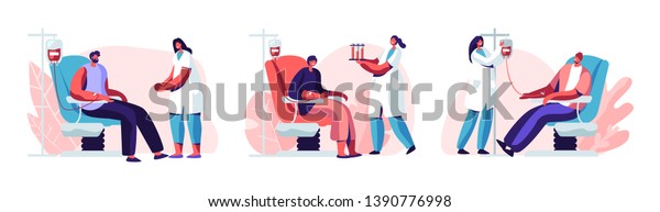 Volunteers Male Characters Sitting in\
Medical Hospital Chairs Donating Blood. Doctor Woman Nurse Take it\
in Test Flasks, Donation, World Blood Donor Day, Health Care.\
Cartoon Flat Vector\
Illustration