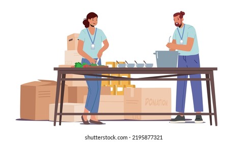 Volunteers Male and Female Characters with Charity Badges Pouring Food in Bowls for Feeding Homeless Refugee People. Volunteering Community, Foundation Service. Cartoon People Vector Illustration