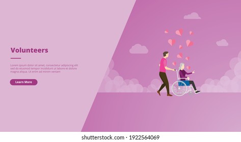 volunteers man help elder people concept for website design template banner or slide presentation cover