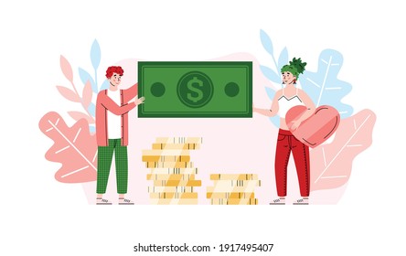 Volunteers man and woman donating money, cartoon vector illustration isolated on white background. Tiny people among coins and bank bills collecting money for charity.