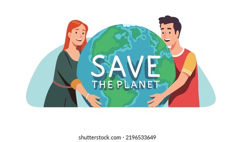 Volunteers man, woman saving Earth planet. Persons holding embracing taking care of green world globe sphere with love. Environment protection, ecology conservation concept flat vector illustration