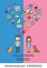 Volunteers needed for animal vector illustration. Animal shelter on isolated background. Adopt a pet sign concept.