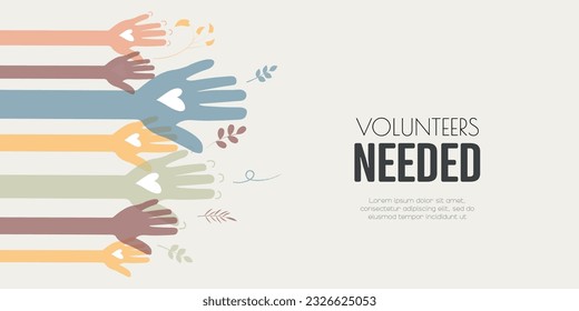 Volunteers Needed banner. Raised hands. Volunteering, teamwork concert. svg