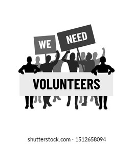 Volunteers needed banner.Silhouette of People crowd with banners